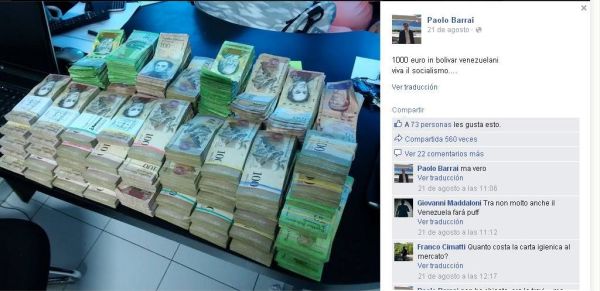 Usuario de Facebook mostró cuántos billetes venezolanos equivalen a mil euros, "Viva el socialismo" como pie de foto.