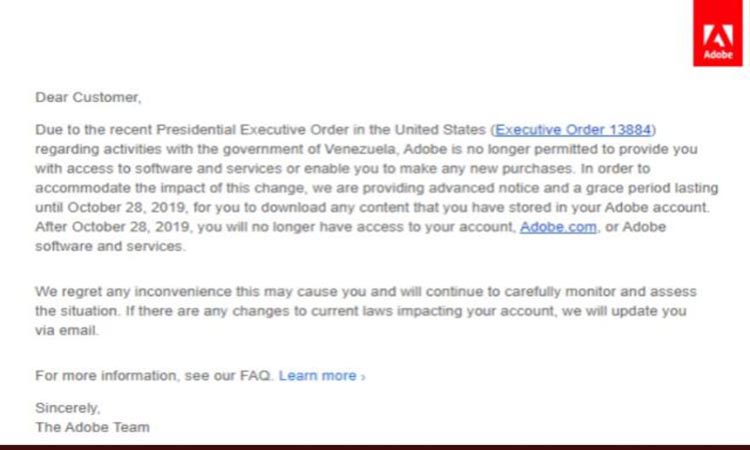 Resultado de imagen para Adobe informa que dejará de prestar sus servicios en Venezuela