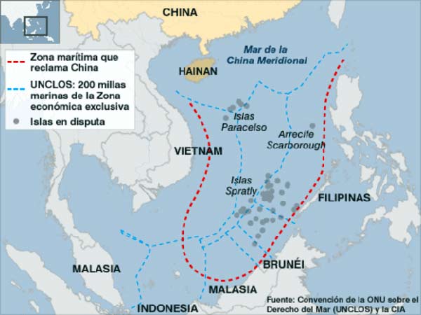 Mapa del mar de China Meridional que muestra las zonas en disputa | Imagen: BBC