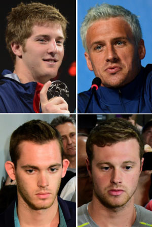 Involucrados en el escándalo: James Feigen (arriba I), Ryan Lochte (arriba D) Gunnar Bentz (abajo I) y Jack Conger. Crédito: AFP