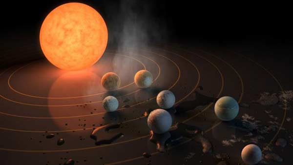 La estrella alrededor de la cual orbitan los siete planetas tiene una luz 2.000 veces más tenue que la de nuestro Sol. | Créditos: NASA
