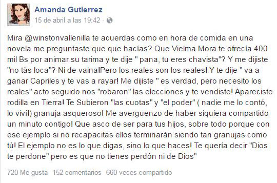 El mensaje de Amanda Gutiérrez | Créditos: Facebook