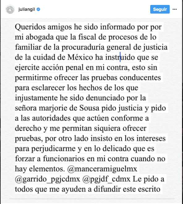 Julián Gil pide a las autoridades que le permitan mostrar sus pruebas | Créditos: Captura de Instagram / Caraota Digital